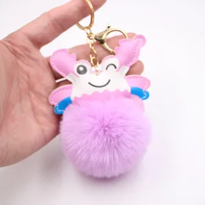 Cute crab plush ball keychain detail, soft fluffy pom pom bag charm, gold hardware accessory