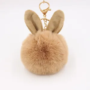 Cute bunny ear faux fur pom pom keychain charm, soft fluffy bag pendant accessory.