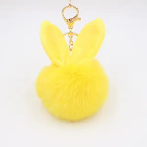 Yellow plush bunny ear keychain cute fluffy pom pom bag charm fluffy accessories