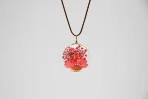 Preserved real flower glass pendant necklace with brown rope chain for women forest style.