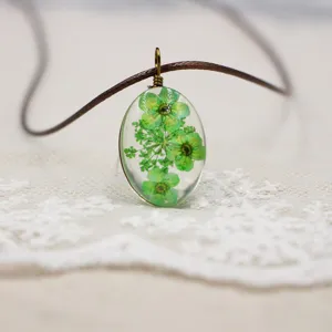 Colgante Ovalado de Joya de Tiempo Hecho a Mano con Flores Secas Collar Aleación Vidrio Planta Eterna Árbol de la Vida Joyería