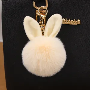 Cute Rabbit Ears Artificial Fur Pom Pom Keychain Soft Plush Ball Key Ring For Bag Backpack Charm Women Girls Key Holder