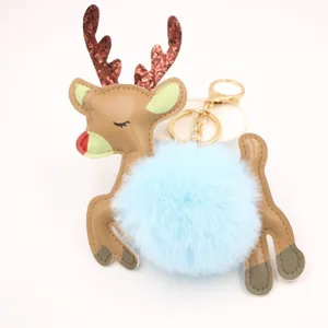 Simpatico portachiavi pompon in peluche di cervo di Natale con corna glitter e anello