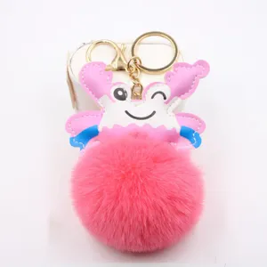 Cute pink crab plush pom pom keychain, soft bag charm and cute car key ring for women.