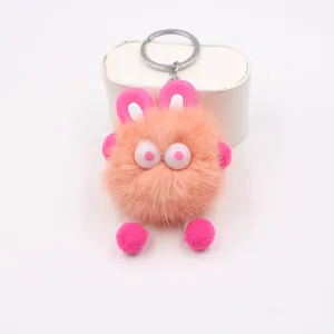 Cute fluffy rabbit plush keychain furry ball toy bag pendant claw machine ornament detail view