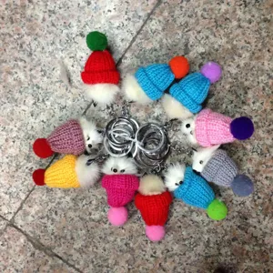 Cute mini knitted hat fox plush fur keychain fluffy pompom bag pendant accessory detail