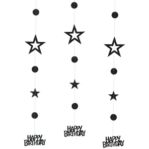 Guirlanda colgante de cumpleaños con purpurina negra y estrellas para fiestas.