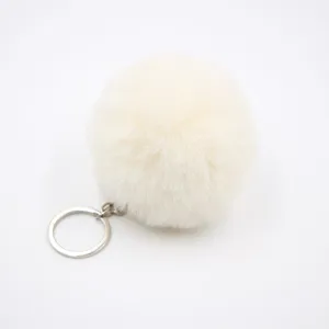 White fluffy pom pom keychain with faux rabbit fur, soft bag charm and cute car hanging ornament.