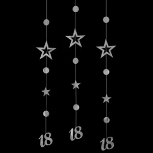 Elegante banner sospeso di compleanno 18 anni argento con stelle e cerchi per la festa.