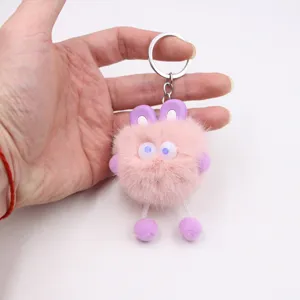 Cute pink plush rabbit keychain, fluffy ball doll pendant with metal ring for bag and keys.