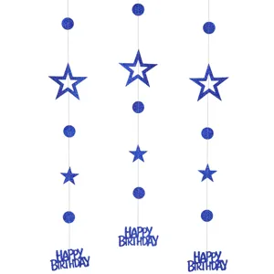 Decoraciones colgantes de fiesta de cumpleaños con purpurina azul, estrellas y puntos.