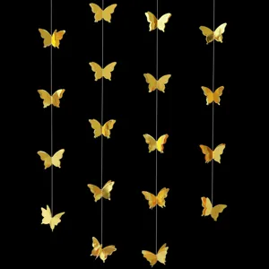 Gold 3D butterfly paper garland hanging strings for wedding birthday party room decoration.