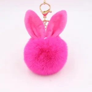 Fuchsia rabbit ear plush pom pom keychain cute fluffy faux fur bag charm ring pendant