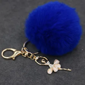 Llavero de pompón esponjoso azul con bonito colgante de bailarina de ballet con diamantes y aro.