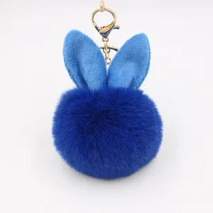Blue rabbit ear plush pom pom keychain bag charm cute fluffy fur ball pendant for women girls