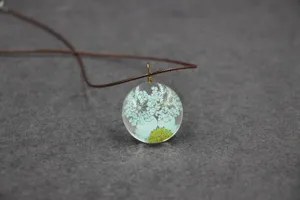 Preserved dried flower glass pendant necklace, cute botanical resin jewelry for women.