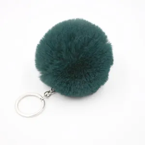 Dark green fluffy faux rabbit fur pom pom keychain bag charm pendant key ring for women