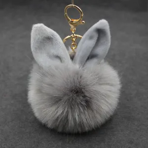 Cute grey faux fur rabbit ear pom pom keychain bag charm fluffy plush pendant accessory