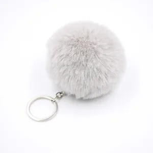 Fuzzy faux rabbit fur pom pom keychain soft fluffy bag charm gray car hanging pendant