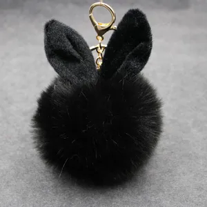 Black faux fur bunny ear keychain fluffy pom pom bag charm cute plush pendant accessory