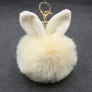 Cute fluffy bunny ear plush pom pom keychain faux fur bag charm fluffy ball pendant gold clasp