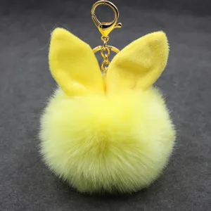 Cute yellow bunny ear plush pom pom keychain bag charm fluffy furry pendant for women