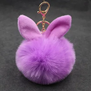 Fluffy purple bunny ear keychain cute plush pompom bag charm with metal clasp accessory