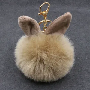 Cute rabbit ear plush pom pom keychain fluffy faux fur bag charm gold tone hardware accessory