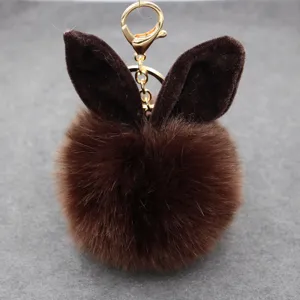 Brown plush bunny ear pom pom keychain cute faux fur bag charm fluffy pendant gold hardware
