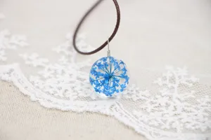 Handmade blue dried flower glass sphere necklace pendant exquisite floral jewelry detail