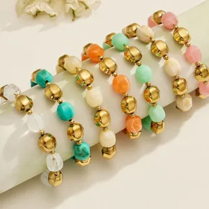 Colorful beaded bracelets set with gold-plated metal and vibrant resin beads for women.