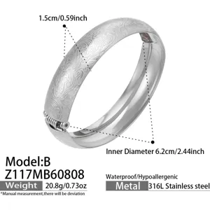 Detailed shot of wide stainless steel hinged bangle with frosted pattern and clear dimensions.