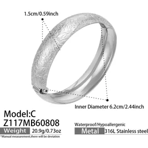 Stainless steel wide open bangle bracelet with frosted floral pattern and engraved dimensions.