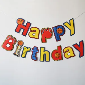 Basketball birthday party hanging banner decoration colorful paper letter flags setup