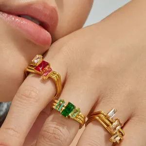 Stylish gold plated stainless steel multi-layer ring with vibrant rectangular zircon.