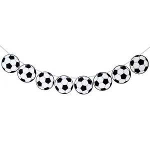 Soccer theme birthday party hanging banner garland, classic black and white football party decorations.