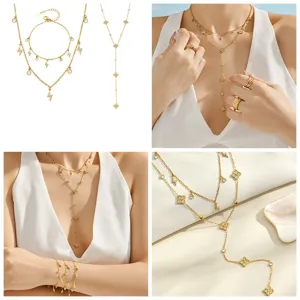 Detailed view of gold layered lightning clover zircon Y necklace and bracelet set