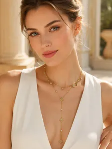 Elegant double layer gold necklace with clover zircon pendants for women, chic charm jewelry set.