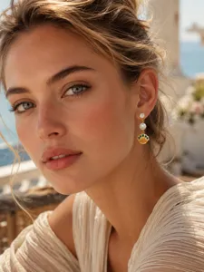 Detailaufnahme der eleganten goldfarbenen Muschel Perle Zirkon Ohrringe am Model.