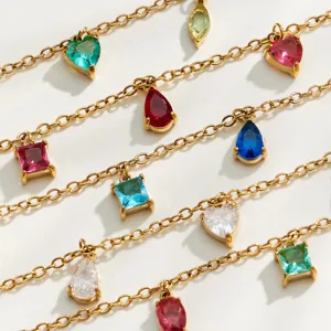 18k gold plated stainless steel multi-pendant dainty chain bracelet with colorful cubic zirconia.
