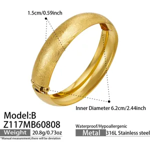 Elegant 18k gold plated 316L stainless steel wide hinged bangle bracelet with frosted pattern.