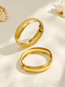 Exquisite 18k gold plated stainless steel wide engraved floral open bangles detail view
