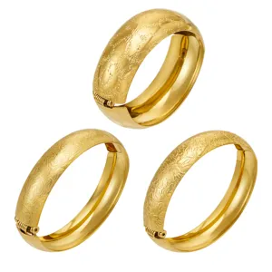 Gold Plated Stainless Steel Wide Bangle Bracelet Frosted Floral Open Cuff Jewelry for Women