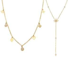 Goldene Mehrfach-Charm und Stern-Y-Lariat-Halsketten-Set, eleganter Edelstahlschmuck für Damen.
