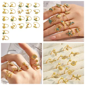 Ozean Thema vergoldet edelstahl verstellbare Zirkon Ringe Set für Damen Schmuck