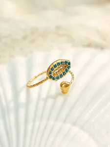 Goldfarbener Muschel Verstellbarer Ring mit blauem Zirkonia, Ozean Edelstahl Schmuck.
