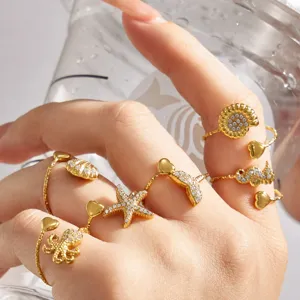 Vergoldete Meereselemente Zirkon offene Ringe Set mit Oktopus Seestern Muschel für Damen.