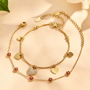 Pulsera con Dije de Corazón y Rosa de Acero Inoxidable Chapado en Oro de 18K para Mujer Joyería de Moda Regalo