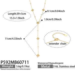 Gold stainless steel four-leaf clover zircon Y necklace elegant chic jewelry for women