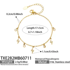 Stainless steel gold plated lightning crystal charm bracelet detail view showing size and length.